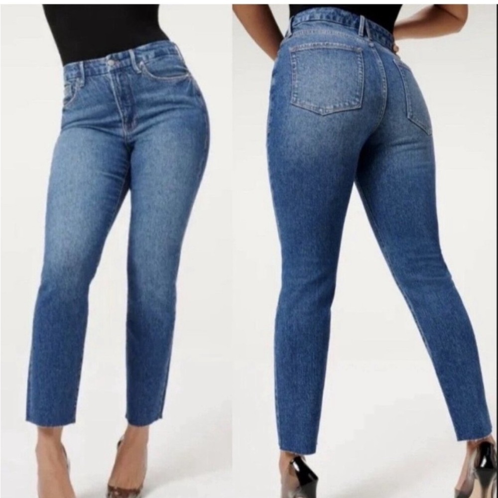 NWT Good American Good Classic Straight Leg Raw Hem Jeans Blue940 Size 15